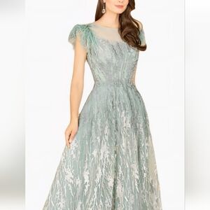 Lara New York Lace Ballgown with Feather Cap Sleeves